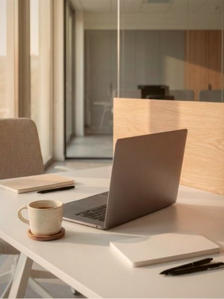 Schreibtisch mit Laptop, Kaffeetasse und Notizbuch im Morgenlicht